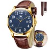 OLEVS Leather Watch Men with Date,Mens Leather Watch,Blue Face Mens