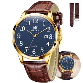 OLEVS Leather Watch Men with Date,Mens Leather Watch,Blue Face Mens Watch Leather Band,Classic Brown Leather Wactes for Men,Mens Watches Leather Band Easy to Read,Leather Dress Watch for Men,Reloj Para Hombre