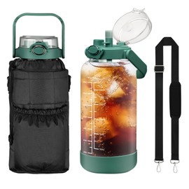 chunmo 64oz Glass Water Bottle with Straw and Sleeve Half Gallon Motivational Water Bottle with Time Marke and Strap 2L Leakproof Borosilicate Reusable Water Jug for Gym Outdoors