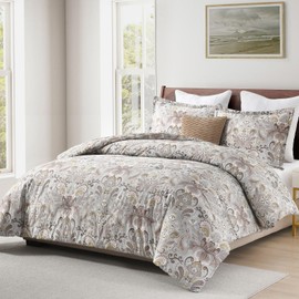 FineStichery King Size Comforter Set - Vintage Damask Style, Luxury 100% Cotton Soft Comforter Bedding Sets, Fluffy Quilted Comforters for All Season, 3 Piece, Grayish Green/Brown, 104"x90"