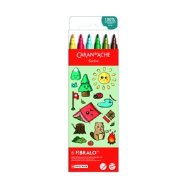 Caran d'Ache Kawaii Fibralo - Set di 6 penne con punta in fibra solubile in acqua, set di 6 colori, motivo: montagna svizzera, disegni per bambini, colorazione, pennarelli artistici, solubili in acqua