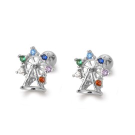 18G CZ Ferris wheel Stud Cartilage Earrings for Women 925 Sterling Silver Cute Colored Crystal Rotatable Amusement Park 3mm Ball Back Barbell Studs Sleeper Tragus Hypoallergenic Jewelry (Silver)