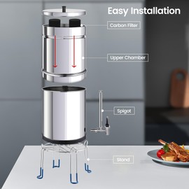 BOKKRALL NSF/ANSI 42&372 Standard Stainless Steel Portable Gravity-Fed Water Filter System 2.25 Gallons Water Filter System with Carbon Filter and Sight Glass Spigot at Home and Camping