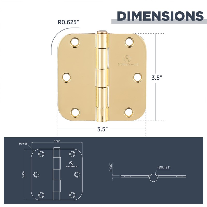 Door Hinges Polished Brass 3.5 Inch Interior Hinges 5/8" Radius