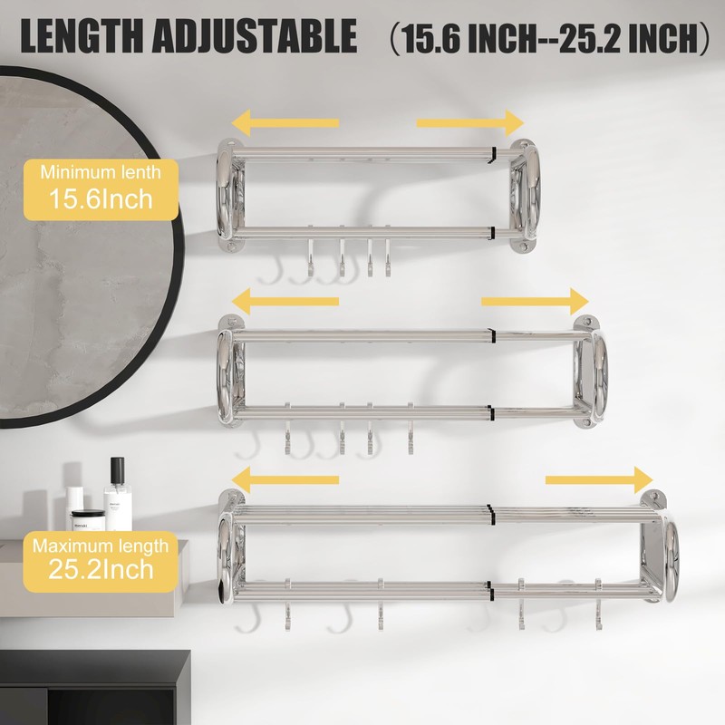 BESy Adjustable 15-25 Inch Towel Rack with Shelf for Bathroom