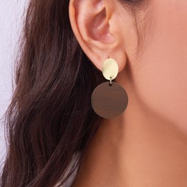Geometric Gold Wood Earrings for Women Boho Retro Natural Wooden Round Disc African Dangle Drop Earring Statement Fashion Jewelry for Her