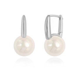 Platinum Plated Leverback Hoop Handpicked White Round Shell Pearl Drop Dangle Earring for Women Minimalist Simulated Pearl Ear Jewelry