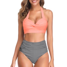 Tempt Me - Traje de baño de dos piezas para mujer, cintura alta, estilo halter, retro, traje de baño push-up, Coral Rosa Rayas, XX-Small