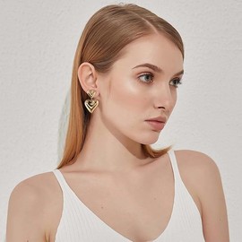 Matte Gold Clip On Earrings for Women Gold Geometry Heart Clip Earrings Vintage Teardrop Heart Clip On Dangle Earrings Non Pierced Earrings (Gold, One size)