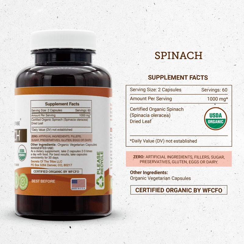 Secrets of the Tribe Spinach USDA Organic 120 Capsules, 1000