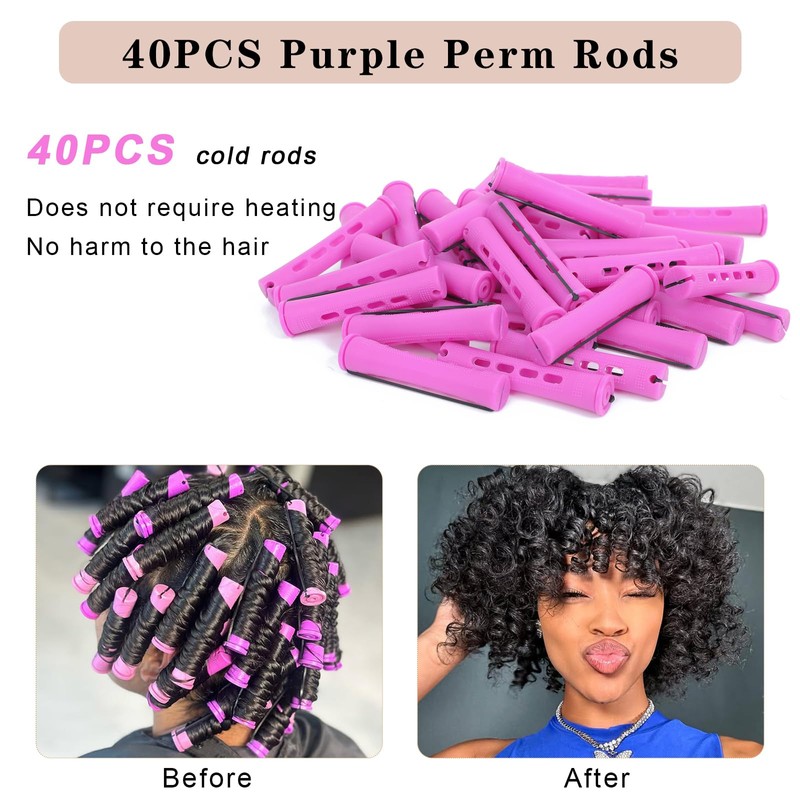40 Pcs Perm Rods For Short Hair Purple Heatless Curl