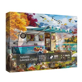 Fall Camping Puzzles for Adults 1000 Pieces, Autumn RV Lake Jigsaw Puzzles, Dog Car Bird Puzzles