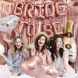 Bachelorette Party Decorations - Rose Gold Bridal Shower Party Decorations Kit Bachelorette Party Supplies Bride To Be Sash, Veil, Temporary Tattoos, Confetti Balloons Pack Fringe Curtain