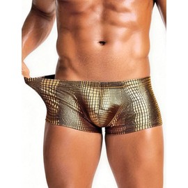 ohyeahlady Boxer Uomo Sexy Elasticizzati Pelle PU Biancheria Intima a Vita Bassa con Tasca a U, Tessuto Lucido Effetto Coccodrillo Confortevole e Resistente L,Dorato