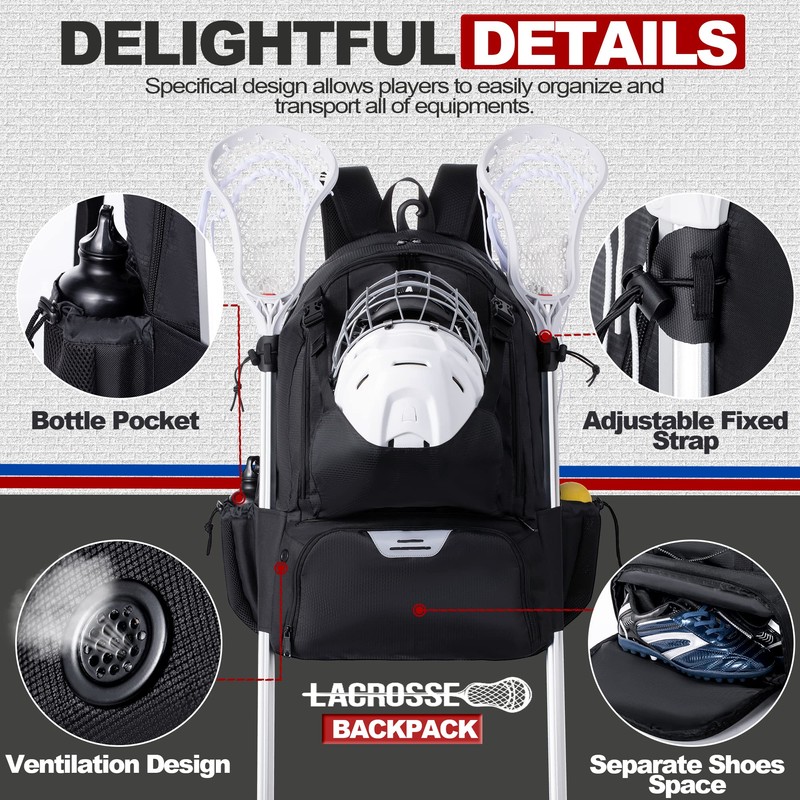 GoHimal Lacrosse Bag Extra Large Lacrosse Backpack with Tow Stick