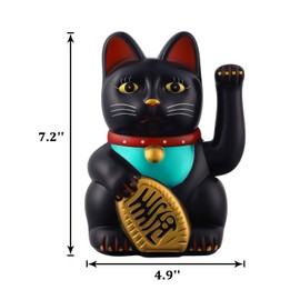 IBWell Gold/Black/White Maneki Neko Lucky Cat,Fengshui Cat- Waving Arm Battery Operated for Fortune Money and Good Luck (Black, 7 in)
