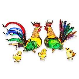WitnyStore Tiny 2¼" Rainbow Multicolor Chicken Family Figurine 5 Pieces Set - Miniature Hand Blown Glass Chickens Hen Rooster Chicks Fowl Bird Animals Crystal Decorative Collectible Figure Décor Gifts