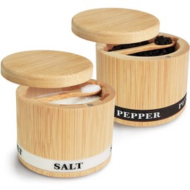ThougrLyh Salt Box 2Pcs Spice Cellar with Swivel Lid and Spoons Small Bamboo Pepper and Salt Containers with Salt Pepper Labels,Dual 8 oz Capacity Holder for Seasoning and Small Items