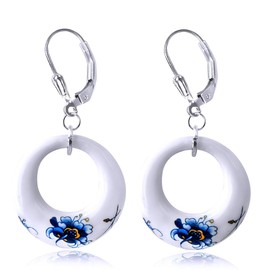 HAIXIAN Blue and white porcelain Enamel Flower Drop Earrings for Women,Porcelain Floral Statement Dangle Earrings,Platinum Plated Sterling Silver Hooks (Porcelain_B)