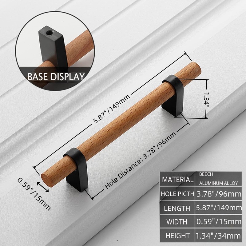Mcredy Cabinet Handles Wood Black Drawer Pulls Knobs 3.78" Hole