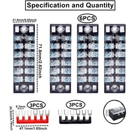 HUAZIZ Screw Terminal Strip, Screw Terminal Block, Pack of 6 Double Row 6 Position Screw Terminal Strip 600 V 15 A with Cover + 6 Pieces Pre-Insulated Terminal Barrier Strip