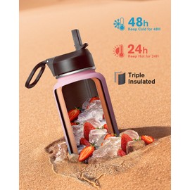 32 oz Insulated Water Bottle with Straw&3 Lids, Coolflask Stainless Steel Metal Flask Wide Mouth for Sports or Office, Non-BPA Keep Cold Up to 48 Hrs or Hot Up to 24 Hrs, Bubblegum Princess