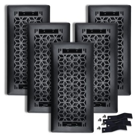 5 Pc, Sierra Grates 4" x 10" Vector Design Steel Floor Register in Cast Iron Black Finish with mounting Clips- for Floor or Side Wall- Decorative Air Vent Covers- Floor Register 4” x 10”
