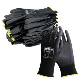 NITREX 290B Work and Safety Gloves, 10 Pairs of Black General Handling Gloves with PU Palm Coating, Size 7, Small