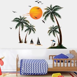 Fanwaoo Coconut Tree Wall Decals Sunset Wall Stickers Black Birds Wall Art Decor for Living Room Bedroom Sofa TV Wall Decoration