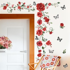 decalmile Red Rose Vine Wall Decals Flowers Butterfly Leaves Wall Stickers Bedroom Living Room Kitchen Wall Decor