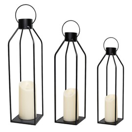HPC Decor 22'' 19'' 16'' Lanterns Decorative w/Flickering Timer Candles- Tall Large Black Metal Candle Lanterns Set of 3- Modern Farmhouse Decor for Indoor,Outdoor,Tabletop,Porch (No Glass)