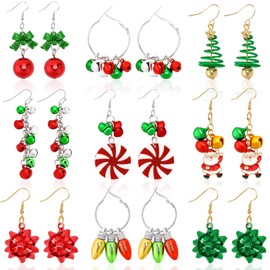 BOARDFEB 9 Pairs Christmas Earrings for Women Xmas Holiday Dangle Earring Christmas Tree Jingle Bell Reindeer Candy Cane Earrings Xmas Earrings Christmas Jewelry Christmas Gifts