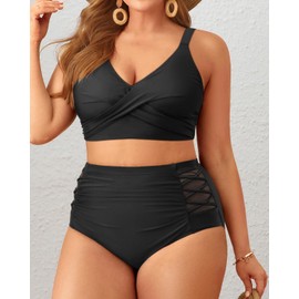Tempt Me Plus Size Two Piece Swimsuit - Black High Waisted Bikini Set Tummy Control Bathing Suits for Women 22 Plus