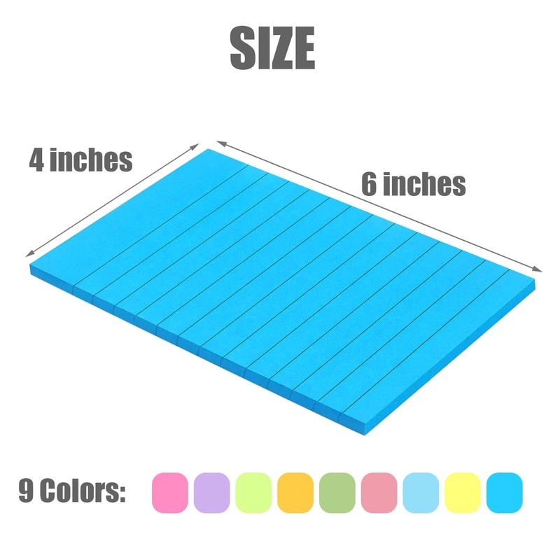 9 Pack Lined Sticky Notes 4"x6" Bright Colors Self-Stick Note