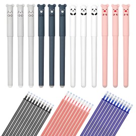 GGTTNRT 12 Pcs Erasable Pens Rub Out Pens with 30pcs Refills 0.5Mm Cute Cartoon Animal Rollerball Pens for Student Adults Stationery Office Supplies (Black, Blue, Red)