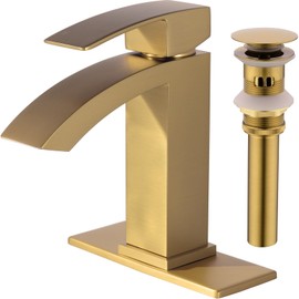 TRUSTMI Gold Bathroom Faucet Single Handle Single Hole Waterfall Bathroom Sink Faucet with Metal Pop Up Drain and Deck Plate, Square-Shaped, Brushed Brass