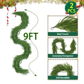 2Pcs 9FT Artificial Christmas Norfolk Pine Garlands,Faux Real Touch Thickness Realistic Greenery Evergreen Cedar Garland,Winter Garland for Mantel, Fireplace,Stair Holiday Party Indoor Outdoor Decor