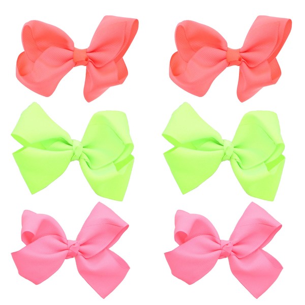 3 Inch Grosgrain Bow for Little Girls- Set of 6 (Neon Mix)