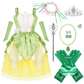 Princess Tiana Dress for Girls Green Fairy Frog Birthday Party Fancy Dresses Halloween Elf Costume Outfits with Accessories (3-4T)