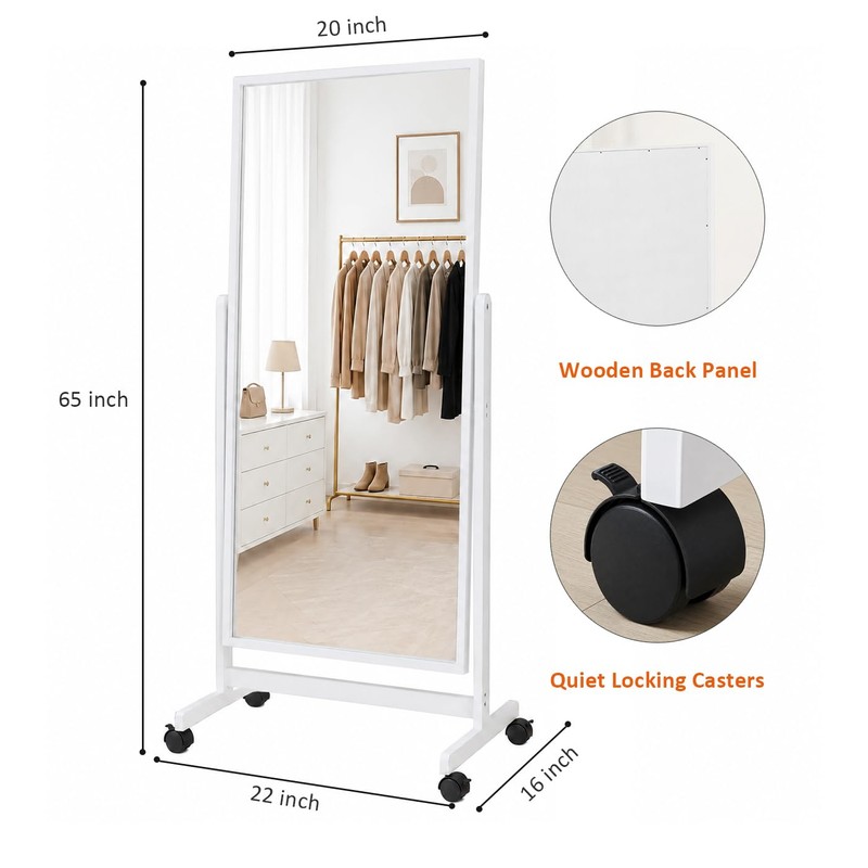 Full Length Mirror with Wheels, 65"x22" Freestanding Floor Mirror with