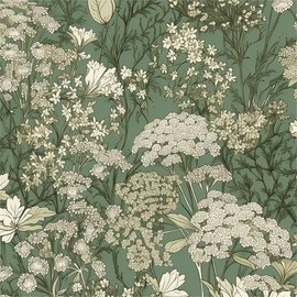 MuralPeel Grass Green White Wildflower Baby’s Breath Meadow Vintage Plants Peel and Stick Wallpaper Self Adhesive Removable Easy Peel Off Stick on Wall Paper for Bedroom Cabinet Renter