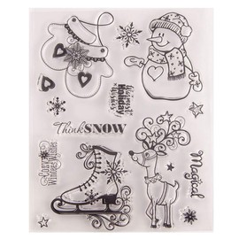 Snow Winter's Wishes Holiday Wishes Snowman Snowflakes Deer Elk Gloves Rubber Stamps Clear Stamps for Christmas Card Making Decoration and DIY Scrapbooking Rubber Stamps for Crafts
