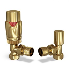 UK Radiators Thermostatic Radiator Valve (TRV) 15mm Angled Lockshield Valve in Polished Brass/Gold Colour - Energy Saving 1/2'' x 15mm Brass Angled Radiator Valves, (TRV-P2-PBA)
