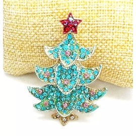 Unbranded Blue & Pink Christmas TREE Pin Brooch & PENDANT