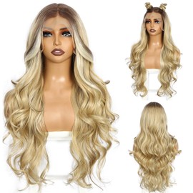 SOMIARIK Blonde Lace Front Wig, 13x4 Synthetic Blonde with Dark Roots Long Wavy Lace Front Wigs for Women Pre plucked with Hairline Heat Resistant Hair Cosplay Daily Party Wigs Natural Looking 26 Inch