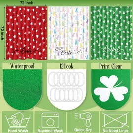 Hahafelt 3 Pieces Valentine's Day Shower Curtain St. Patrick's Day Easter Shower Curtain Farmhouse Holiday Bathroom Decor Waterproof Fabric Curtains with Hooks for Bathroom
