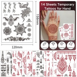 14pcs Temporary Tattoos,Black & Brown Temporary Tattoo Hand Stencils Kit,India Lotus Mandala Flower Fake Tattoos,Realistic And Easy To Use Lacetattoo Stencils,Waterproof Removable Tattoo Stickers