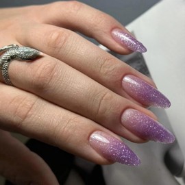 MERVF Almond Press on Nails Medium Fake Nails Purple Ombre Glitter French Tip Glue ons Nail Chrome Design Stiletto Acrylic Supplies DIY Manicure Glossy 24pcs