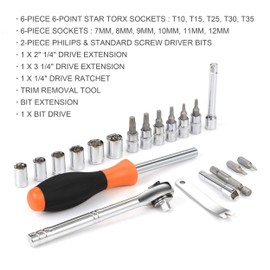 DNA Motoring TOOLS-88888 20 Piece Auto Repair Tool Set, Includes Screwdriver, Hex Socket, Ratchet Hand Tools, Perfect for Headlight Replacement and Headlight Installation, 1 Kit, Orange