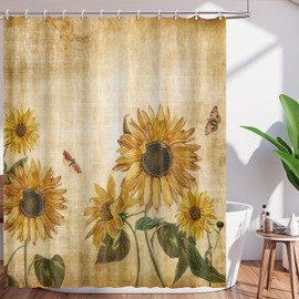 Vintage Sunflower Shower Curtain Rustic Farmhouse Romantic Flowers and Butterfly Curtain for Bathroom Aesthetic Watercolor Sunflower Waterproof Durable 72x72 Inches Include Hooks